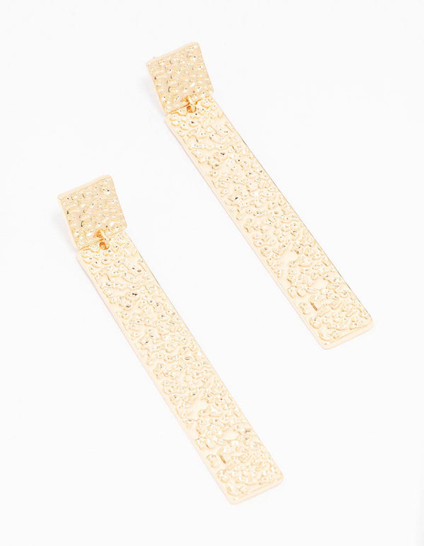 Gold Textured Rectangular Drop Earrings