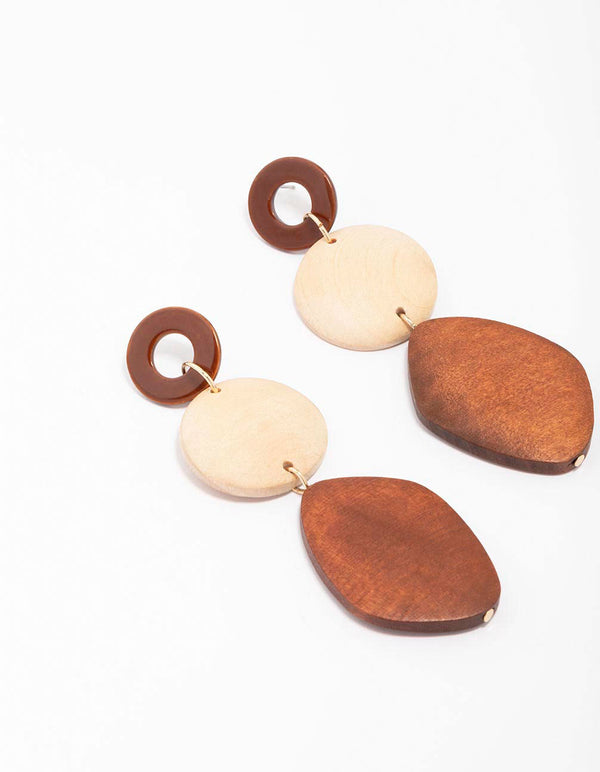 Gold Round Double Wooden Drop Earrings