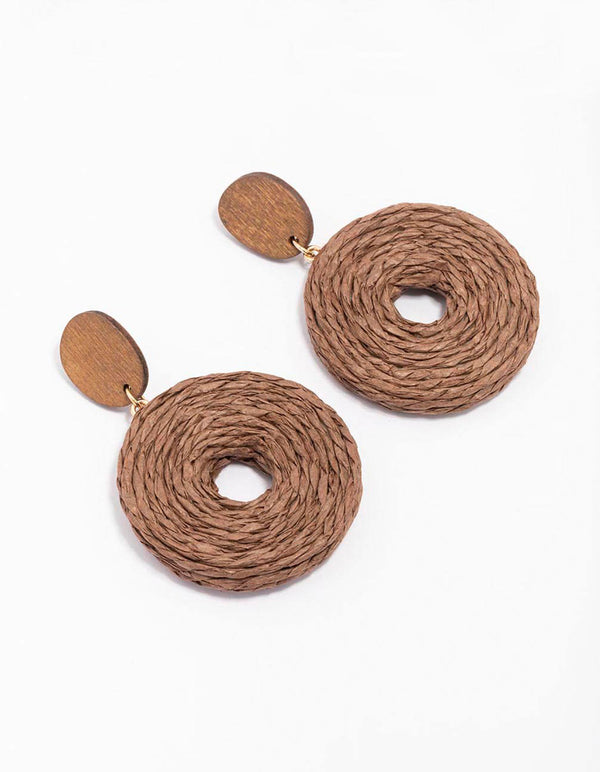 Brown Raffia Large Donut Drop Earrings