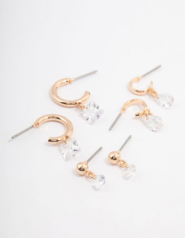 Gold Cubic Zirconia Diamante Stud & Hoop Earring 3-Pack