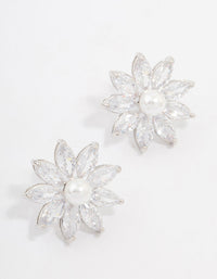 Silver Cubic Zirconia Flower & Pearl Stud Earrings - link has visual effect only