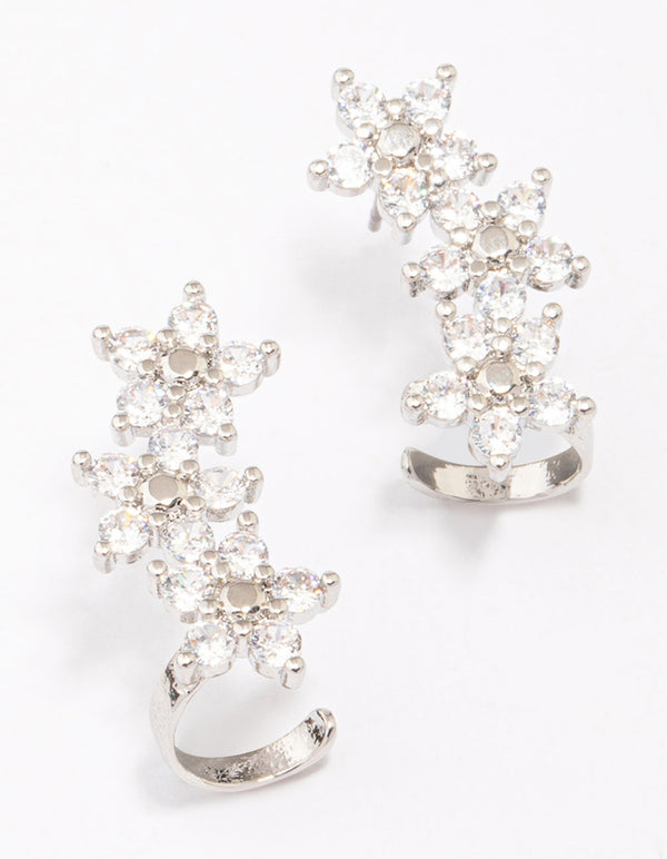 Rhodium Cubic Zirconia Triple Flower Drop Earrings