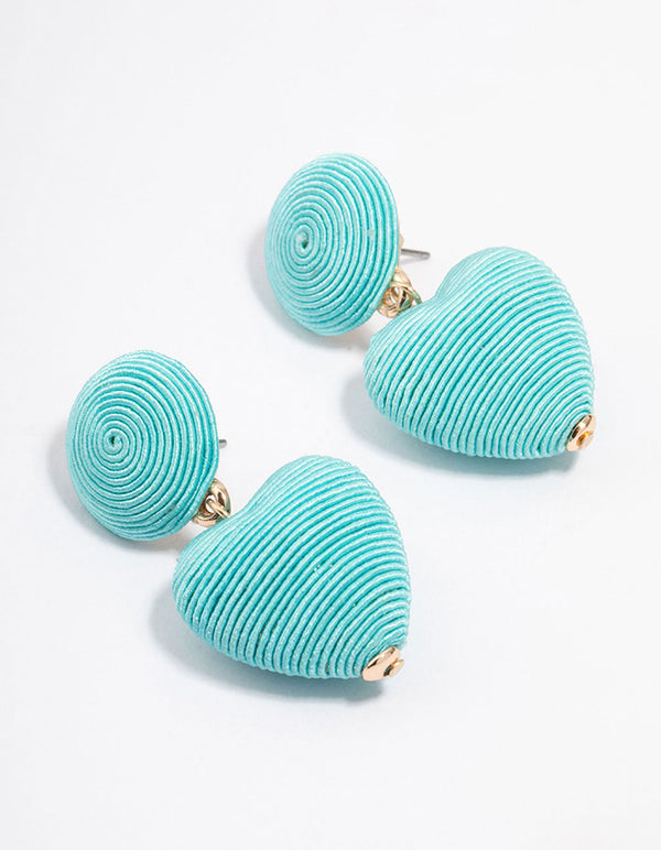 Blue Raffia Wrapped Heart Drop Earrings