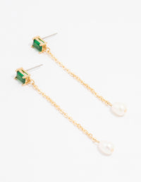 Gold Plated Emerald Baguette Freshwater Pearl Chain Drop Earrings - link has visual effect only