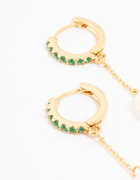 Gold Plated Cubic Zirconia Emerald & Freshwater Pearl Huggie Chain Drop Earrings - link has visual effect only