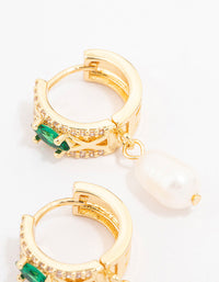 Gold Plated Cubic Zirconia Emerald Marquise & Freshwater Pearl Huggie Earrings - link has visual effect only