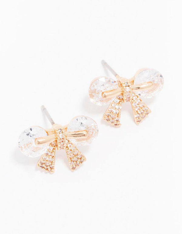 Gold Diamante Bow Stud Earrings