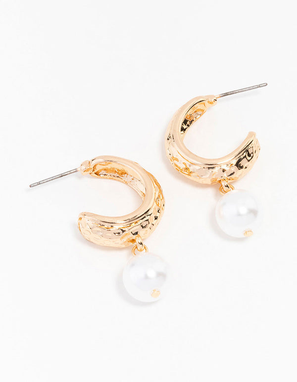 Gold Hammered Pearl Drop Hoop Earrings