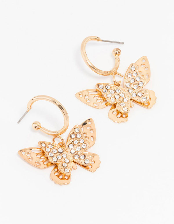 Gold Diamante Butterfly Hoop Drop Earrings