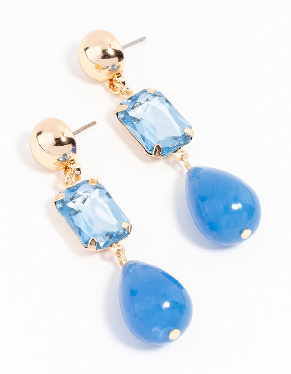 Gold Blue Diamante Teardrop Beaded Drop Earring