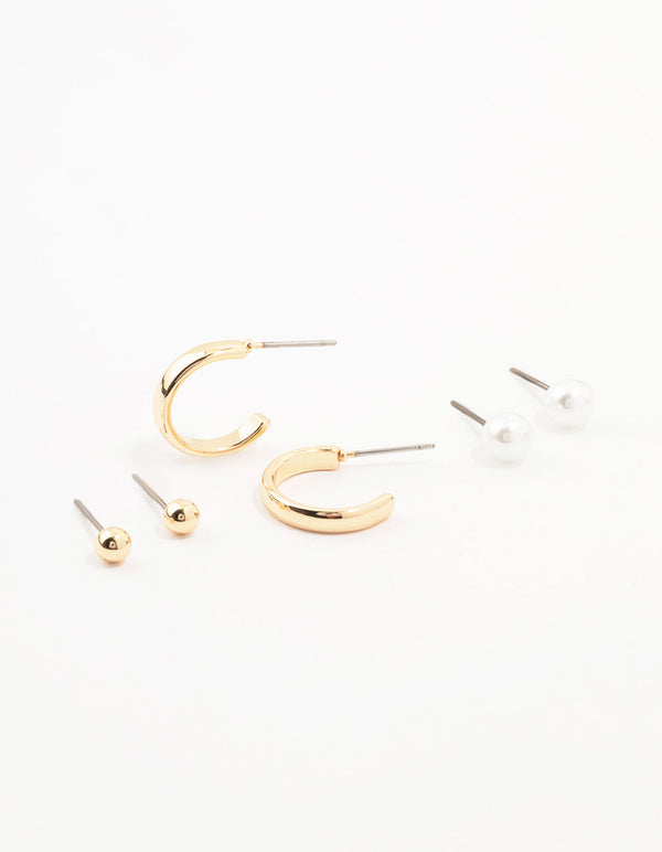 Gold Pearl Stud And Hoop Earrings 3-Pack