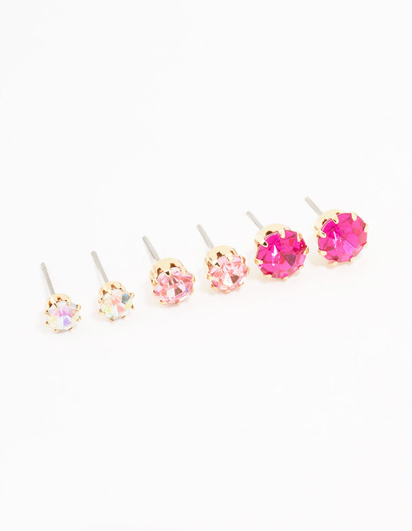 Gold Pink  Multi Diamante Stud Earrings 3-Pack