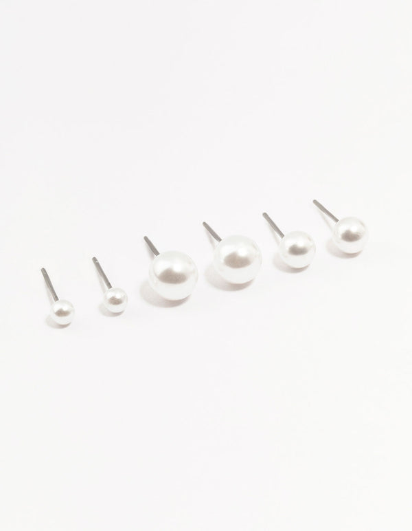 Beaded Multi Size Pearl Stud Earrings 3-Pack