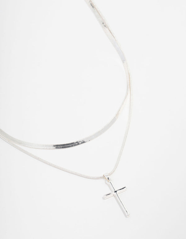 Silver Plated Plain Cross Snake Necklace 2-Pack