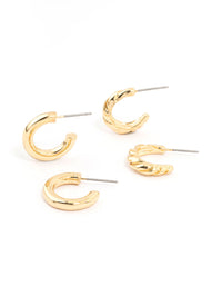 Gold Plated Textured & Smooth Hoop Earrings 2-Pack - link has visual effect only