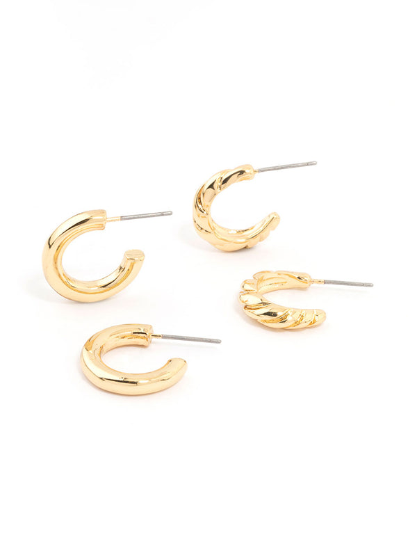 Gold Plated Textured & Smooth Hoop Earrings 2-Pack