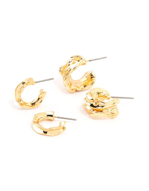 Gold Plated Molten Thick & Thin Hoop Earrings 2-Pack