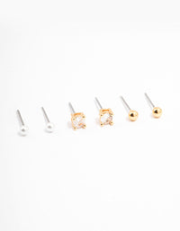 Gold Plated Cubic Zirconia Pearl Ball Stud Earrings 3-Pack - link has visual effect only