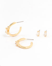 Gold Plated Cubic Zirconia Baguette Stud & Hoop Earrings 2-Pack - link has visual effect only