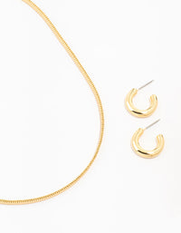 Gold Plated Round Hoop Earring & Herringbone Necklace Set - link has visual effect only