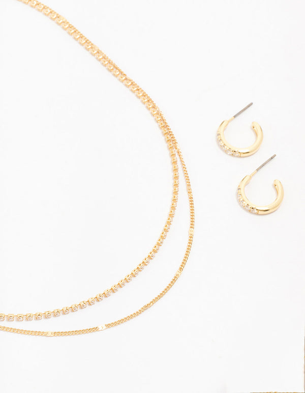 Gold Plated Cubic Zirconia Dainty Hoop & Necklace Set