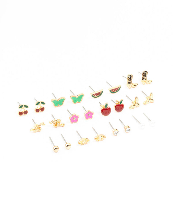 Gold Cherry & Boot Stud Earrings Pack 12-Pack