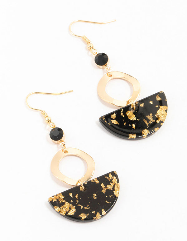 Gold & Black Beaded Half Disc Printed Drop Earrings