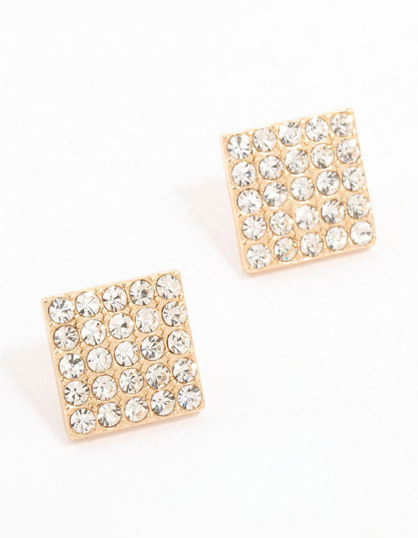 Gold Square Pave Diamante Stud Earrings