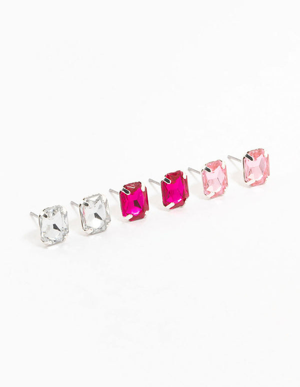 Silver Rectangular Diamante Stud Earrings 3-Pack