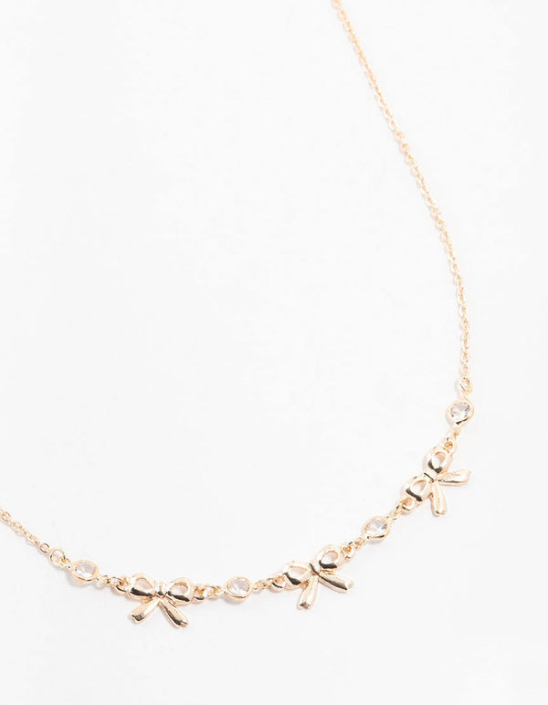 Rose Gold Station Diamante Bow Necklace