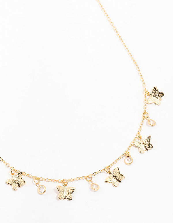 Gold Diamante Butterfly Droplet Necklace