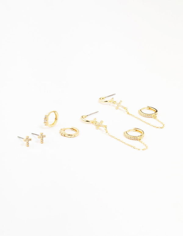 Gold Plated Brass Cross Stud & Chain Earrings 4-Pack