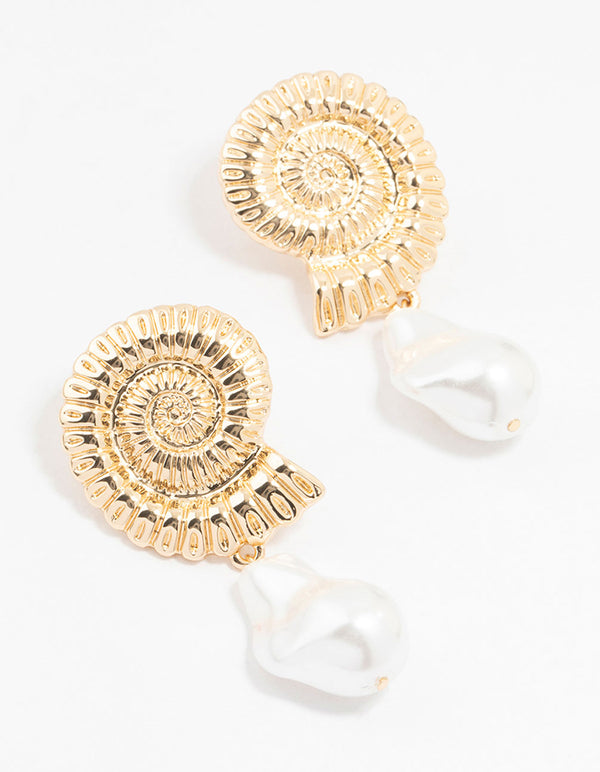 Gold Plated Shell And Pearls Drop Earrings