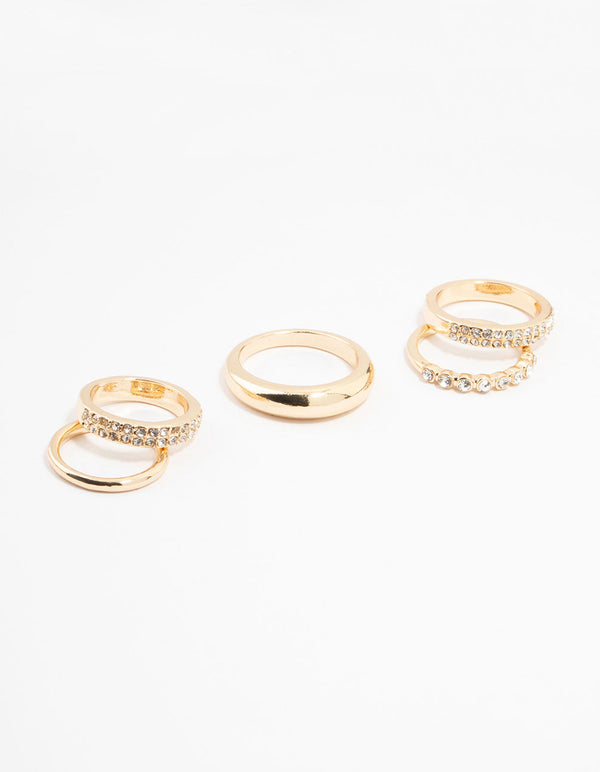 Gold Thick Diamante Band Rings 5-Pack