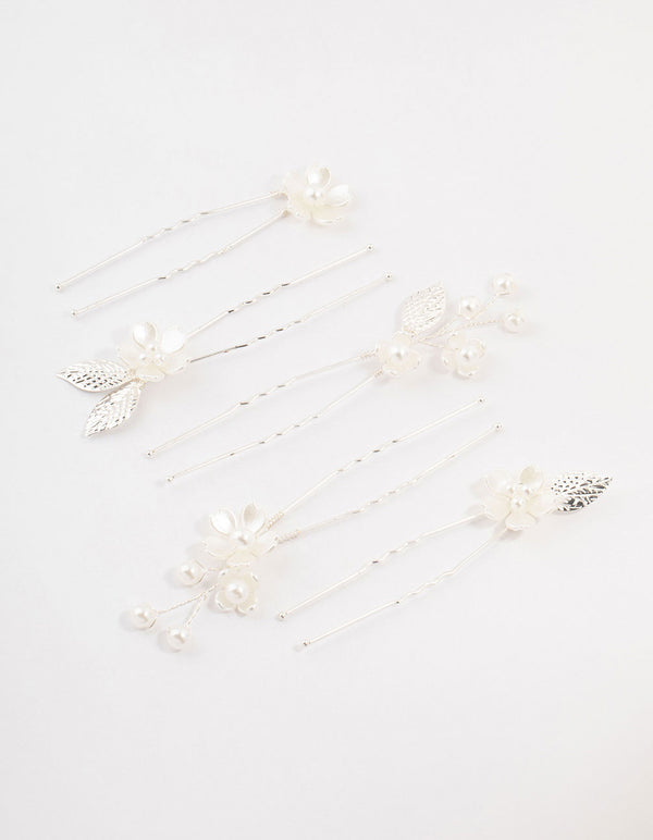 Silver Wire Flower & Pearl Bridal Hair Pins