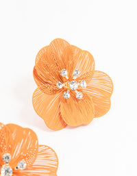 Orange Coated Textured Flower Diamante Stone Earrings - link has visual effect only