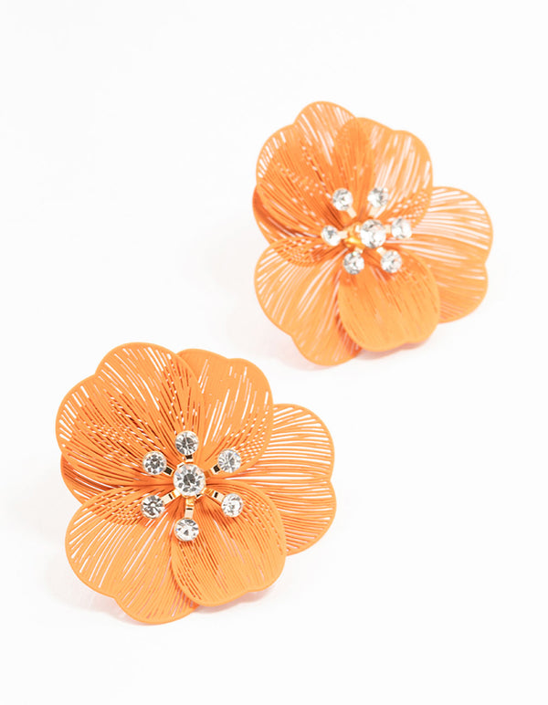 Orange Coated Textured Flower Diamante Stone Earrings