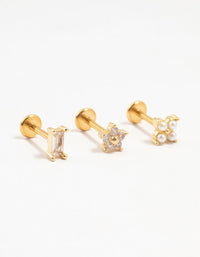 Gold Plated Surgical Steel Flower & Baguette Flatbacks 3-Pack - link has visual effect only