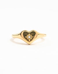 Waterproof Gold Plated Stainless  Steel Cubic Zirconia Heart Signet Ring SM/ML - link has visual effect only