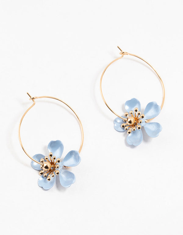 Gold Coated Blue Stapled Flower Hoop Earrings