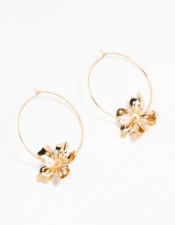 Gold & Pearl Spike Flower Hoop Earrings