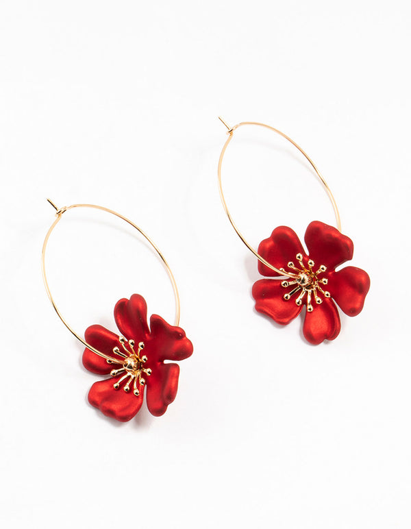 Gold & Red Pearlised Stapled Flower  Drop Earrings