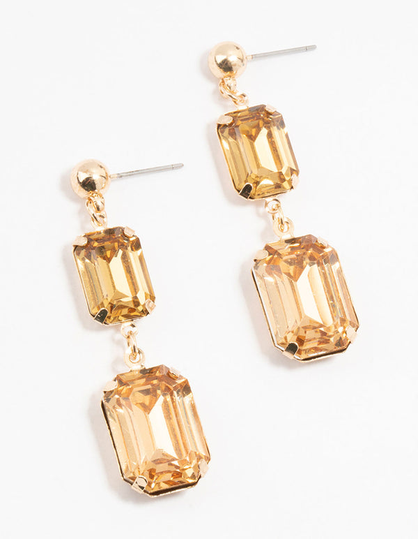 Gold Double Rectangle Orange Diamante Drop Earrings