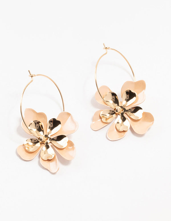 Gold Coated Metal Flower Hoop Earrings