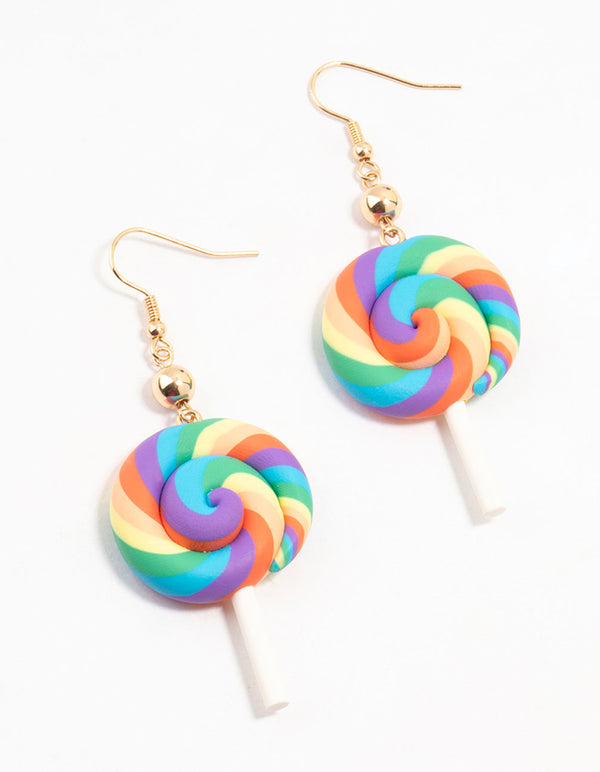 Plastic Rainbow Swirl Lollipop Drop Earrings