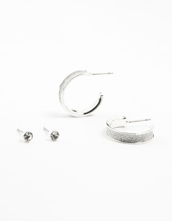 Silver Diamante & Glitter Hoop Earrings 2-Pack