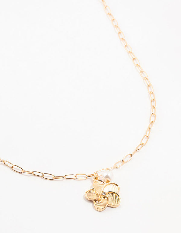 Gold Paperclip Flower Pearl Necklace