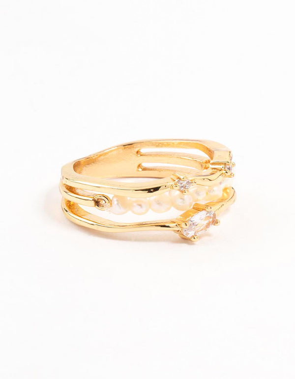 Gold Plated Nestled Pearl 3 Row Ring