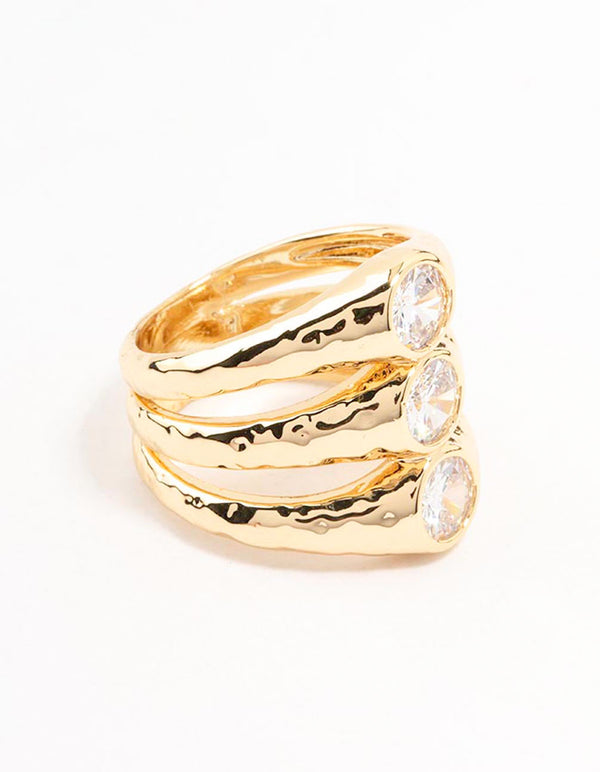 Gold Plated Textured Layered Cubic Zirconia Ring