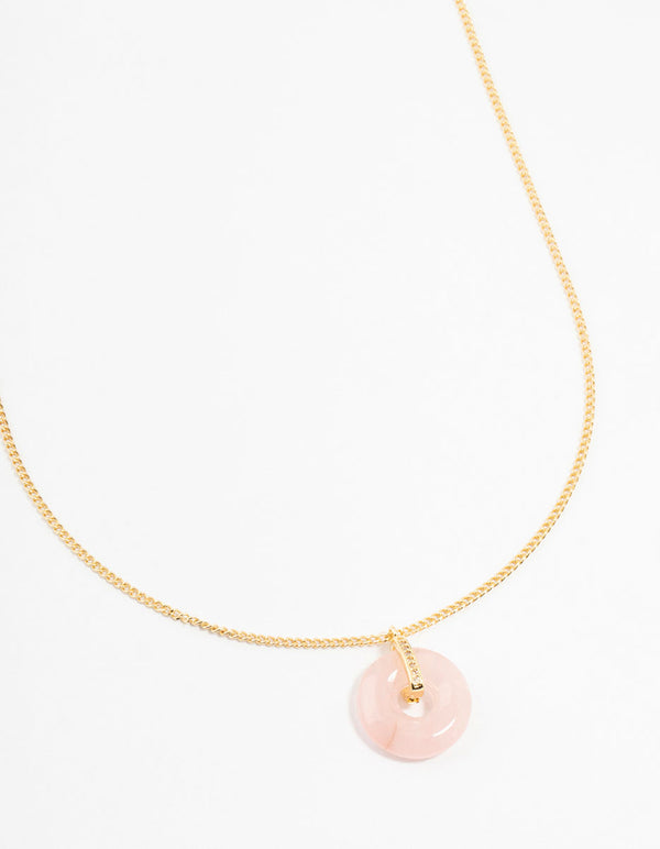 Gold Plated Cubic Zirconia Semi Precious Rose Quartz Doughnut Necklace